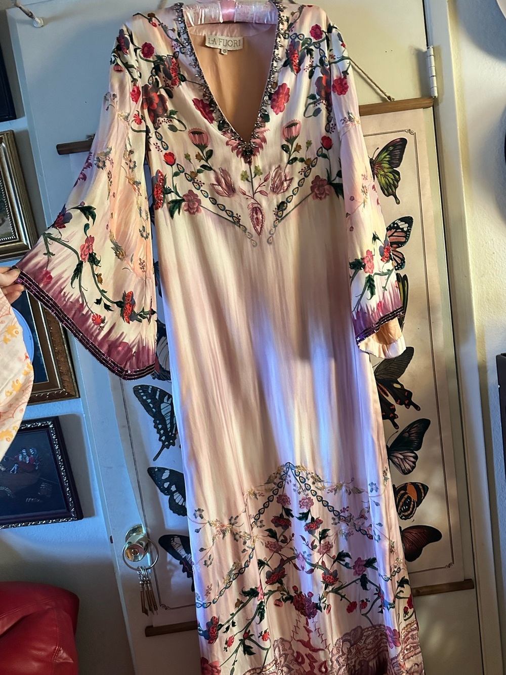 La Fuori Embroidered Silk Maxi Dress in Blush Pink